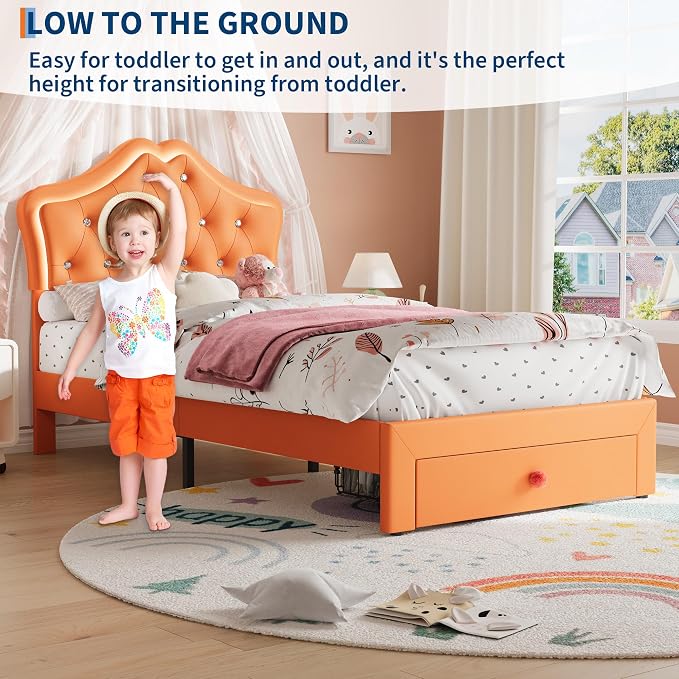Twin Size Bed Frame for Girls with Storage Drawers & LED Lights, Upholstered Platform Bed, Velvet Crystal Button Princess Bed, Noise-Free Slats, No Box Spring Needed for Kids, Teens, Orange