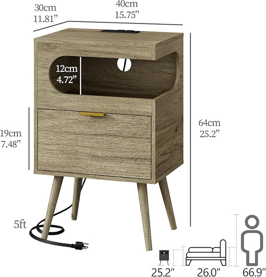 Veegle Nightstand,Modern Bedside Table with Storage Drawer and Open Wood Shelf, Accent Night Stand with Solid Wood Legs for Living Room, Bedroom and Small Spaces,Easy Assembly (Grey Oak-1)