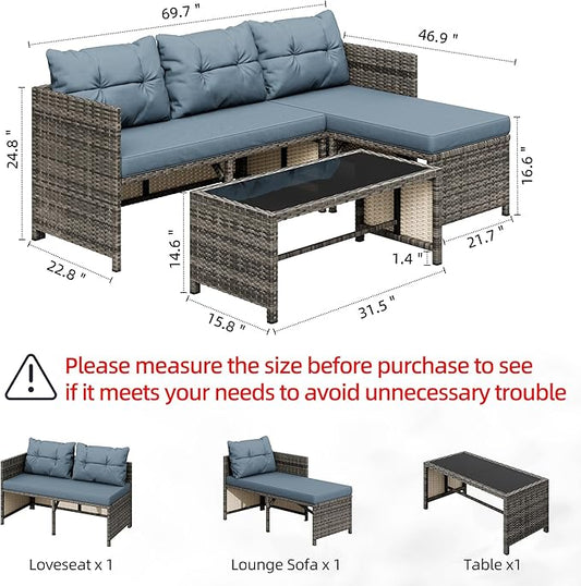 Shintenchi 3 Pieces Outdoor Patio Furniture Sets, Wicker Patio Conversation Sets, All Weather Wicker Rattan Patio Seating Sofas with Glass Coffee Table and Cushion, Blue-Gray