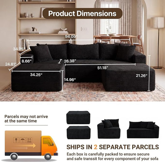 Claiks 94" Boneless Couch, Cloud Couch Sectional, U-Shape Corduroy Modular Sectional Sofa Deep Seat, Upholstered Couches for Living Room, No Assembly Required, Black