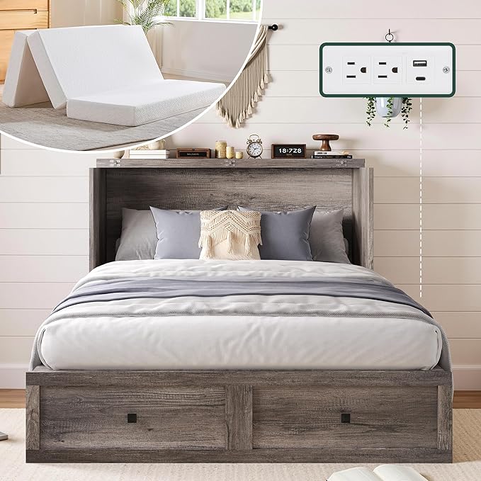 LUXOAK Queen Murphy Bed with 6" White Tri-Fold Memory Foam Mattress, Storage Drawer & Charging Station, Space-Saving Design for Home Office or Guest Room, Rustic Grey