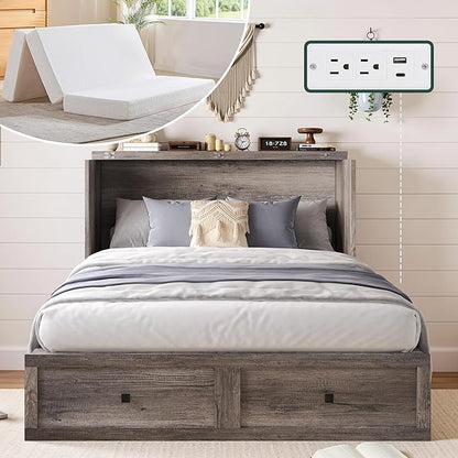 LUXOAK Queen Murphy Bed with 6" White Tri-Fold Memory Foam Mattress, Storage Drawer & Charging Station, Space-Saving Design for Home Office or Guest Room, Rustic Grey