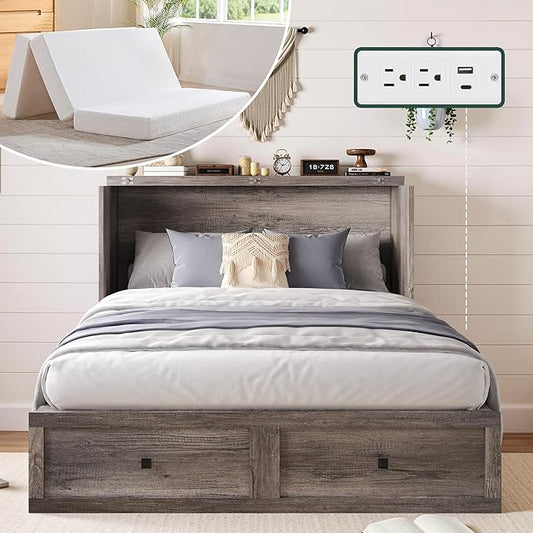 LUXOAK Full Murphy Bed with 6" White Tri-Fold Memory Foam Mattress, Storage Drawer & Charging Station, Space-Saving Design for Home Office or Guest Room, Rustic Grey