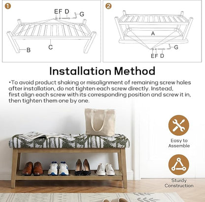 Zihanhome Entryway Shoe Bench with Cushion, End of Bed Bench,Upholstered Bench for Kitchen, Bench with Solid Wood Shelf, Fabric Ottoman Bench for Hallway, Living Room (Textured Green)