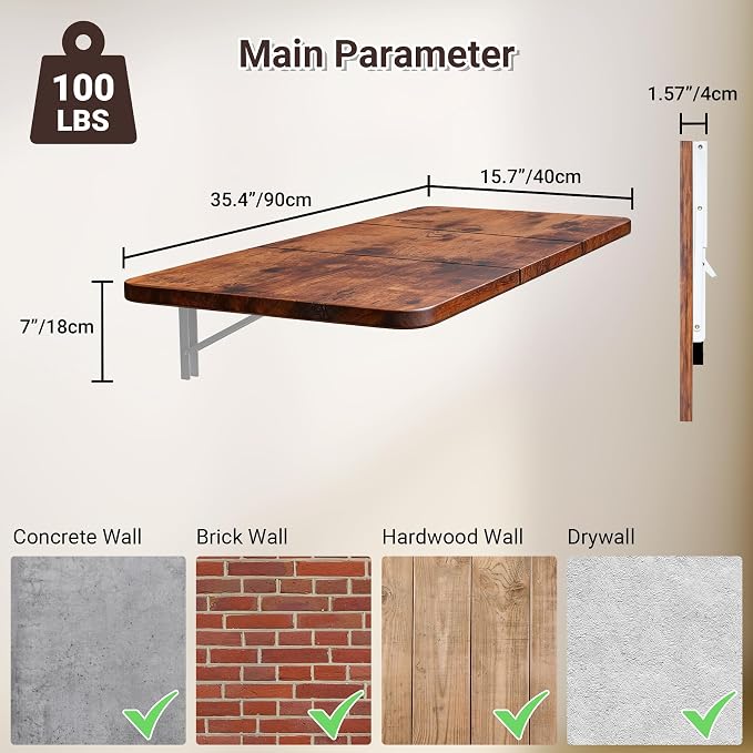 Neoaider Wall Mounted Folding Desk 35.4” x 15.7”, Brown | Drop Down Table with Metal Collapsible Brackets, Folding Wall Table for Small Spaces, Home, Office, Kitchen, Laundry Room