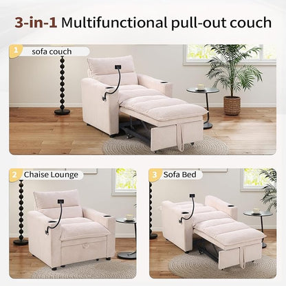 HAOMARKETS Corduroy Sleeper Sofa Bed with Cup Holders, 3-in-1 Convertible Pullout Futon Couch with Phone Holder&USB Charge Port, Single Armchair with 3-Level Adjustable Backrest for Apartment