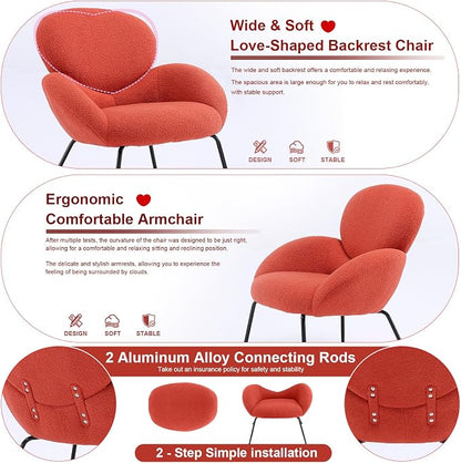 Accent Chair, Cloud Accent Chair for Bedroom, Boucle Fabric(Orange) | Comfy Bedroom Chair with Love Back and Sturdy And Durable Solid-Wood Frame/ Study Room / Bedroom / Living Room /(Cream Style)