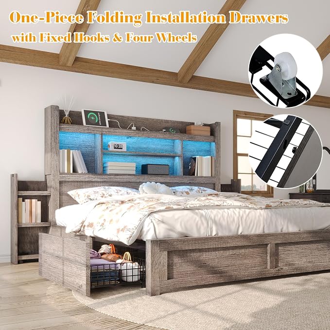LUXOAK Queen Bed Frame with 49.6" Bookcase Headboard & 4 Drawers & 2 Detachable Bedside Stoage Racks, Farmhouse Wood Bed Frame with RGB LED & Charging Station, No Box Spring Needed, Grey