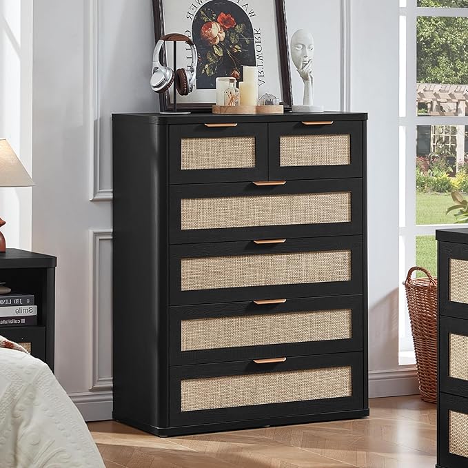 LEYAOYAO Rattan Dresser for Bedroom, 42" Tall Chest of Drawers, Modern 6 Drawers Boho Dressers with Storage, Light Oak Dresser Wooden Closet Organizer for Living Room, Hallway, Black