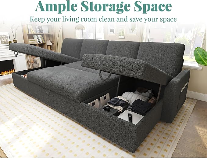 PaPaJet 110 Inch Sleeper Sofa, Oversized Pull Out Couch with Double Storage Chaise，U Shape Couches for Living Room-Dark Gray Boucle