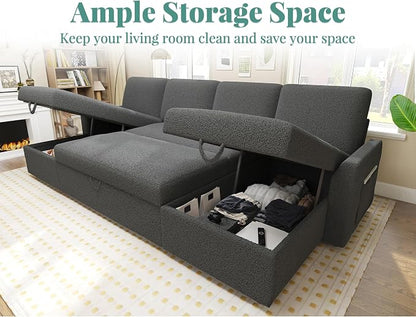 PaPaJet 110 Inch Sleeper Sofa, Oversized Pull Out Couch with Double Storage Chaise，U Shape Couches for Living Room-Dark Gray Boucle