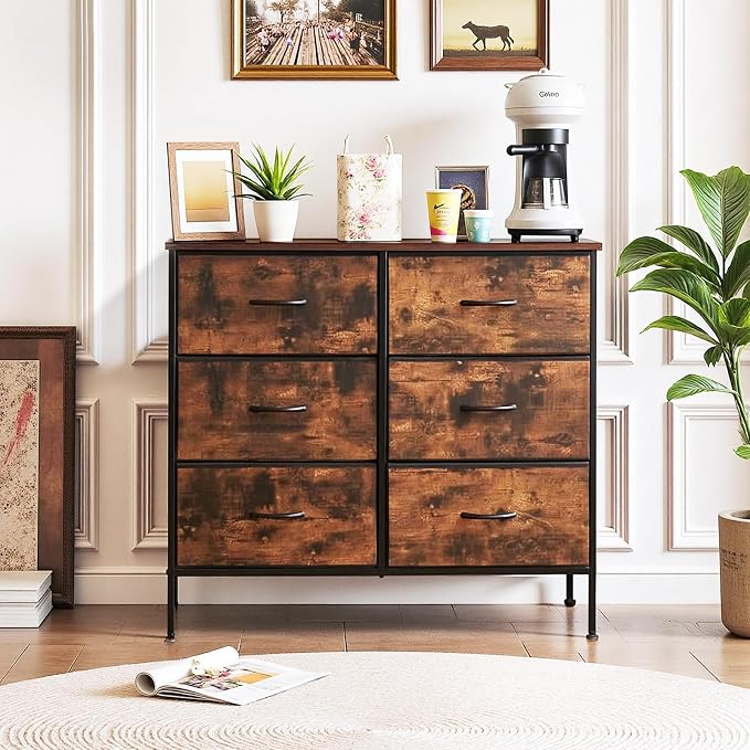 6-Drawer Dresser for Bedroom, Anti-Tip Wide Storage Organizer Chest of Drawers with Wooden Top and Metal Frame Fabric Bins for Closet, Living Room, Hallway, Entryway, Brown