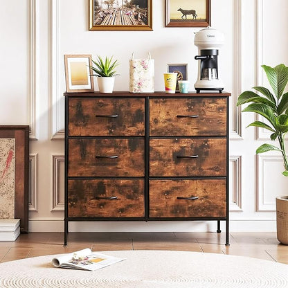 6-Drawer Dresser for Bedroom, Anti-Tip Wide Storage Organizer Chest of Drawers with Wooden Top and Metal Frame Fabric Bins for Closet, Living Room, Hallway, Entryway, Brown
