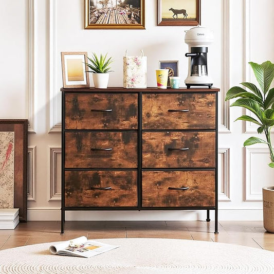 6-Drawer Dresser for Bedroom, Anti-Tip Wide Storage Organizer Chest of Drawers with Wooden Top and Metal Frame Fabric Bins for Closet, Living Room, Hallway, Entryway, Brown