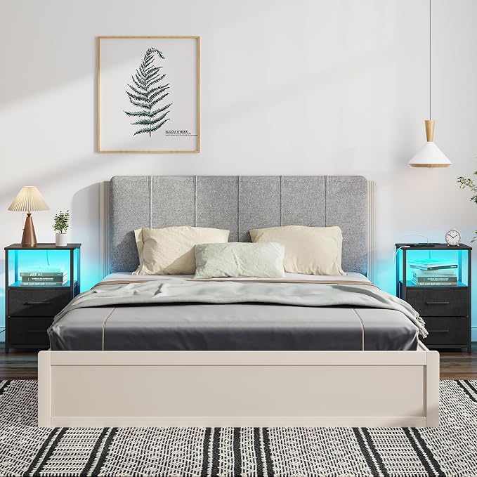TUTOTAK LED End Table with Charging Station, Night Stand, Side Table with 2 USB Ports and Outlets, Nightstand with Cloth Drawer, Bedside Table for Livingroom, Bedroom Black TB01BK088L