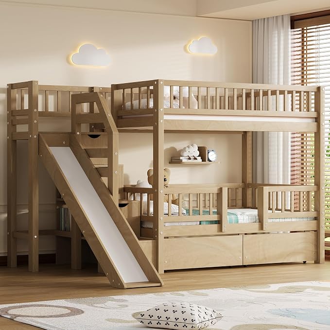 Twin Over Twin Bunk Bed with Storage Staircase, Slide and 2 Drawers,for Kids Teens Adults (Walnut#Slide, Twin Over Twin)