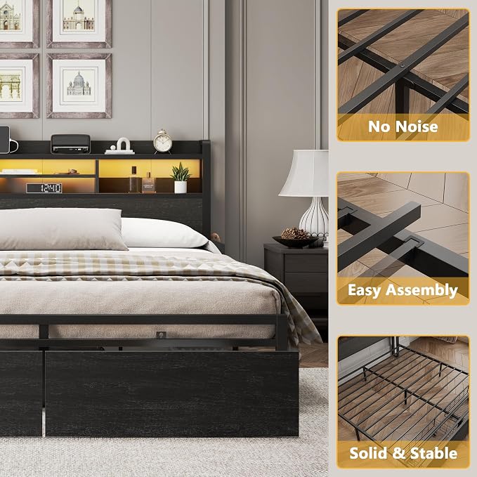Furnulem Queen Bed Frame with Wood Headboard and Storage Shelf, Metal Platform Bed Frame Queen Size with Storage Drawers, LED Lights and Charging Station, No Box Spring Needed, Noise Free, Black