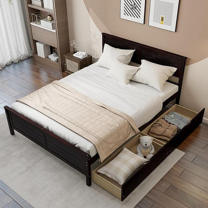KOMFOTT Full Size Wood Bed Frame with 2 Storage Drawers, Mid Century Platform Bed Frame with Headboard, Sturdy Wooden Slats Support, Modern Mattress Foundation, No Box Spring Required, Easy Assembly