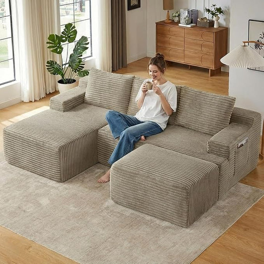 96" Cloud Sectional Couch U-Shaped Chaise with Ottoman, Corduroy Boneless Couch for Living Room Bedroom, Deep-Seat Upholstered Modular Cloud Sofa, No Assembly Required (Camel, Left Facing Chaise)