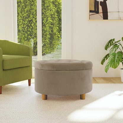 HomePop 28" Button Tufted Velvet Round Storage Ottoman - Fawn Velvet