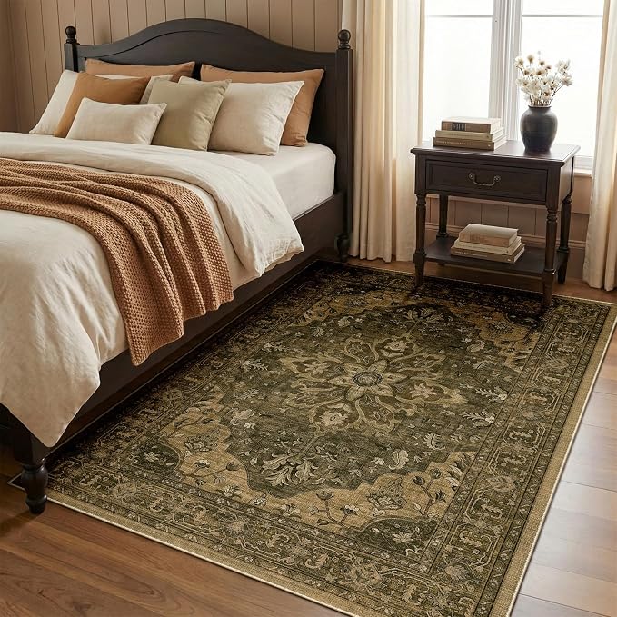 RELEANY Area Rugs 4'x5' Washable Non-Slip, Floral Vintage Distress Medallion Carpet for Living Room Bedroom Dining Room, Brown Dark Brown