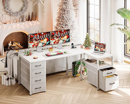 Coleshome L Shaped Computer Desk with 6 Fabric Drawers & Power Outlet, 55 Inch Corner Desk with Reversible Storage Shelf & File Drawer, Home Office Desk, White