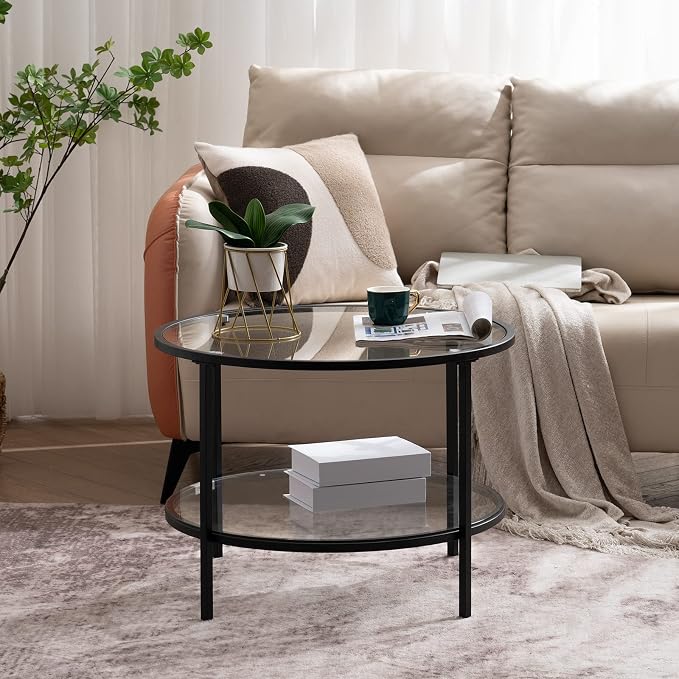 VINGLI 25.6" Round Black Coffee Tables for Living Room, 2-Tier Glass Top Coffee Table with Storage Clear Coffee, Simple & Modern Center Table for Small Space