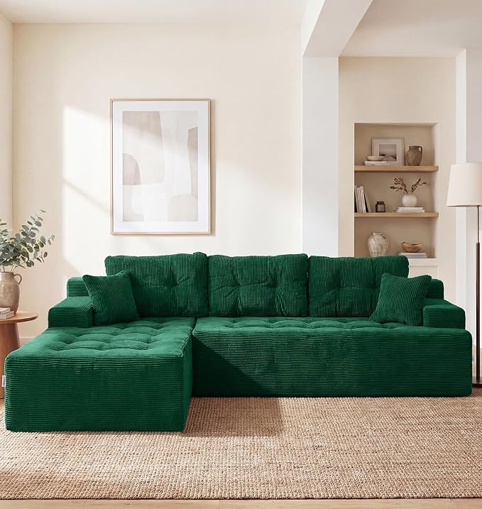 Hobestluk Modular Sectional Sofa Couches L-Shape Couch 3 Seat Modular Sofa Memory Foam Sectional Couches for Living Room, Cloud Couch with Oversized Chaise (Emerald Corduroy, 96", Left Hand Facing)