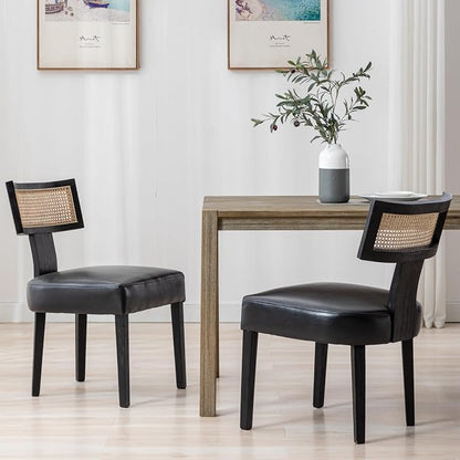 RIVOVA Rattan Dining Chairs Set of 2, Modern PU Leather Upholstered Kitchen Chairs, Wooden Dining Room Chair Farmhouse Dinner Chair with Black Wood Frame, Black