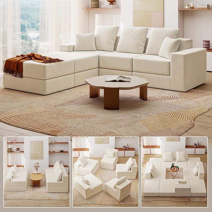 Living&Giving 101" U-Shaped Cloud Sectional Couch for Living Room, Cloud Boneless Couch-No Assembly with Reversible Chaise, Customizable 3-Seat Modular Sectional Sofa with 2 Ottoman, Beige