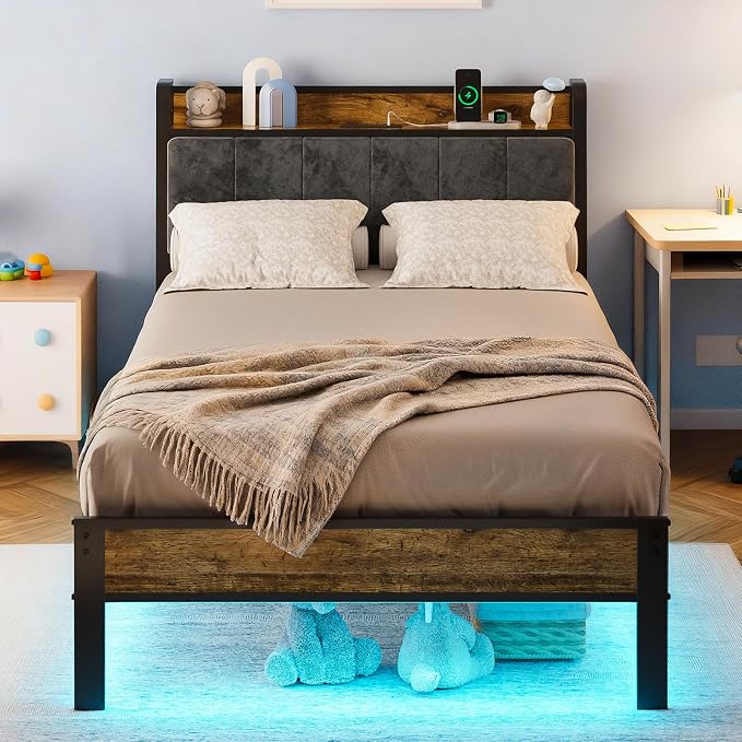 ALBERTO Bed Frame Twin Size with USB Charging Station and Smart LED Lights, Upholstered Storage Headboard, Heavy Duty Metal Platform Bed Noise Free, No Box Spring Needed, Easy Assembly