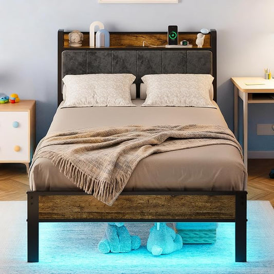 ALBERTO Bed Frame Twin Size with USB Charging Station and Smart LED Lights, Upholstered Storage Headboard, Heavy Duty Metal Platform Bed Noise Free, No Box Spring Needed, Easy Assembly