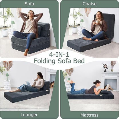 Folding Sofa Bed, 4 in 1 Convertible Sleeper Chair with Pillow, Single Memory Foam Fold Out Chair Bed, Modern Floor Futon Sofa Couch Mattress for Living Room/Guest/Apartment, Dark Grey