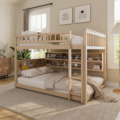 Full Over Full Bunk Bed, Wood Bunk Bed with Integrated Shelving, Color-Changing Lights and Pegboard for Kids Teens Adults, Beige
