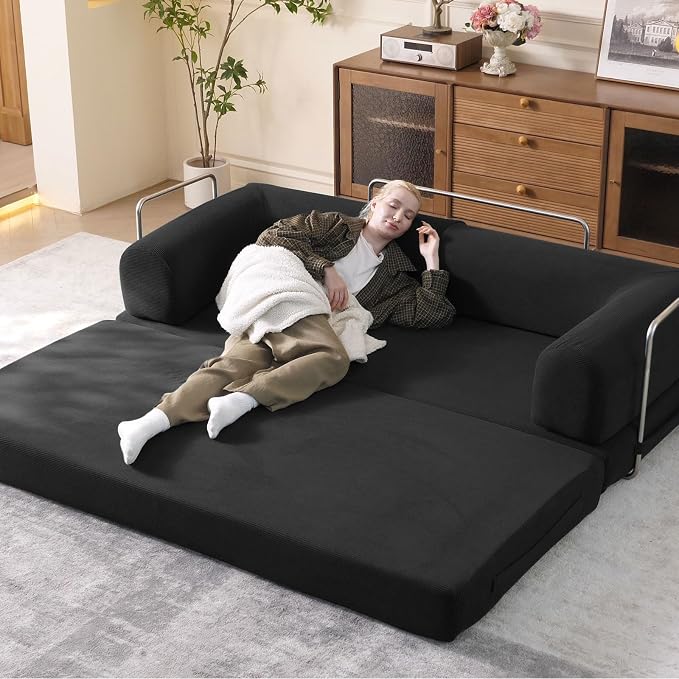 WHGBJA 79" Convertible Sleeper Sofa Bed with Cylindrical Pillow, Corduroy Folding Mattress Couch with Fixed-Shape Frame, Floor Sofa Lounge Couch for Living Room Bedroom Lounge Studio (Black)