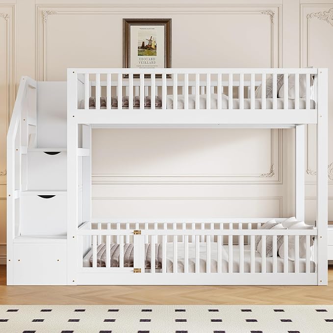 Twin Over Twin Floor Bunk Bed with Storage Ladder and Guardrails,for Kids Teens Adults (White#Ladder, Twin Over Twin)