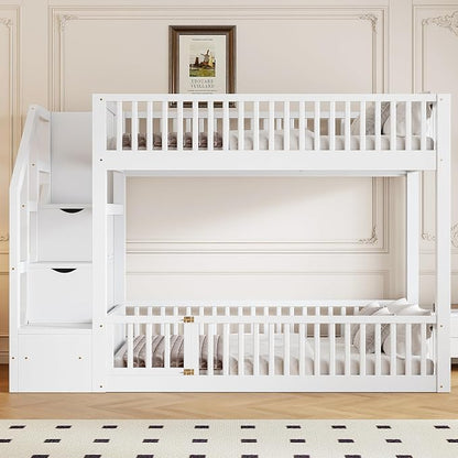 Twin Over Twin Floor Bunk Bed with Storage Ladder and Guardrails,for Kids Teens Adults (White#Ladder, Twin Over Twin)