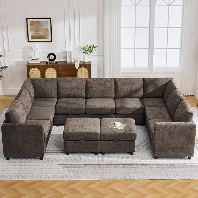 127'' Oversized U Shaped Modular Sofa, Sectional Couches with Storage for Living Room, Modern 9 Seater Cloud Sectional Couch with Movable Ottoman, Chenille Brown