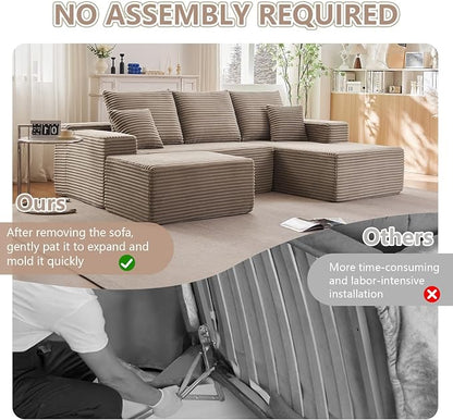 107" Comfy U-Shaped Sectional Modern Boneless Corduroy Couch with Chaise - No Assembly Required! Deep-Seat, Upholstered Modular Cloud Sofa for Living Room, Plush Corduroy Fabric(Camel)