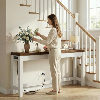 Cyclysio 63" Console Table with Charging Station, 13.8" Deep Farmhouse Sofa Table Behind Couch with 2 AC Outlets & 3 USB Ports, Long Entryway TV Console or Home Office Desk, Rustic Oak