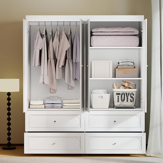 White Wardrobe Closet with Drawers: 74" Large Armoire with 4 Doors and 4 Drawers, Tall Wooden Wardrobe Closet for Hanging Clothes, Modern Bedroom Armoires Closets Cabinet (White)