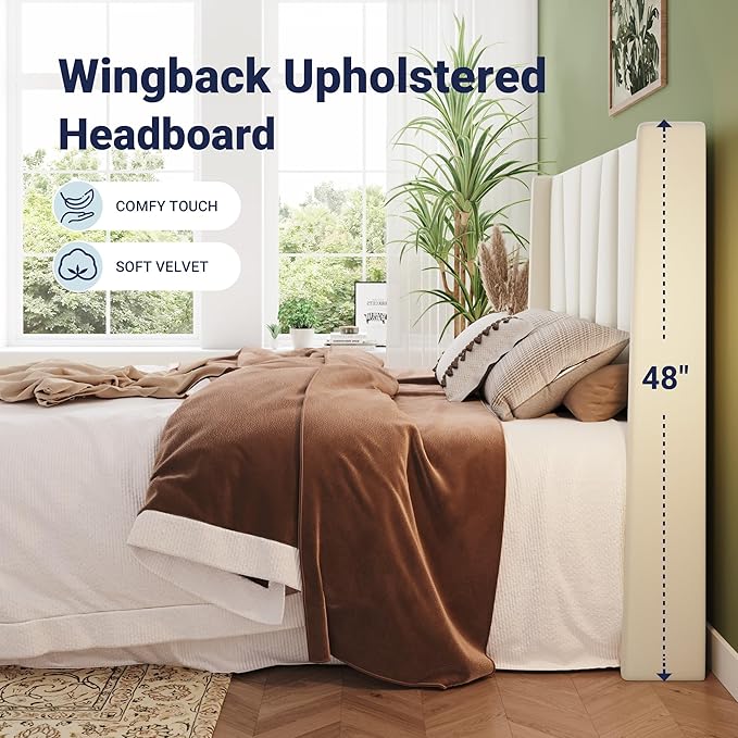 Allewie Full Size Platform Velvet Bed Frame with Geometric Wingback Headboard, Boho Upholstered Bed with Wooden Slats Support, No Box Spring Needed, Easy Assembly, Cream