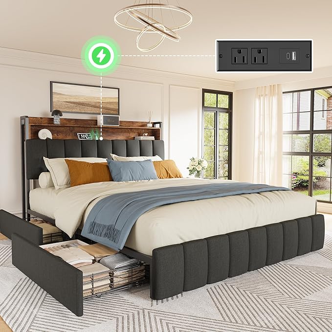 PRAISUN Bed Frame Queen Size with Upholstered Headboard & Charging Station, Queen Bed Frame with 4 Storage Drawers, 2-Tier Open Shelves, No Box Spring Needed, Slient Foam Strip, Easy Assembly, Black