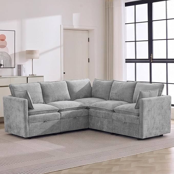 80" Light Grey Modular Storage Sofa, V Shaped Chenille Cloud Couch | Oversized Convertible Sectional Sofa, 5-Seat Sectional Couch With Armrests, Large Cloud Couch For Living Room, Apartment.