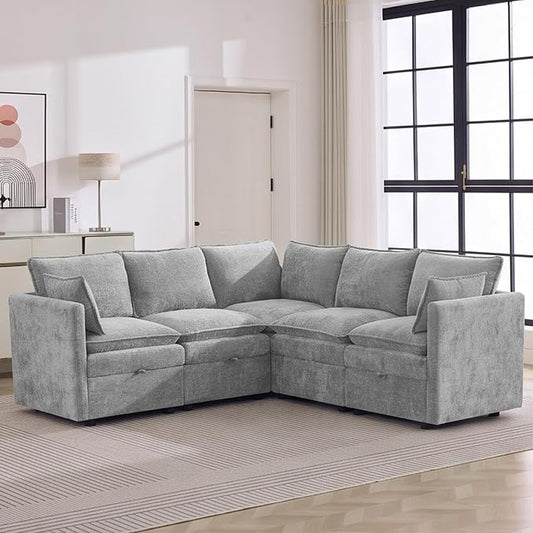 80" Light Grey Modular Storage Sofa, V Shaped Chenille Cloud Couch | Oversized Convertible Sectional Sofa, 5-Seat Sectional Couch With Armrests, Large Cloud Couch For Living Room, Apartment.