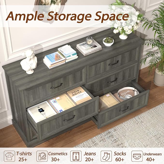 Tradare 3 Pcs Farmhouse Dresser and Nightstand Sets for Bedroom, 6 Drawer Dresser & Nightstand Set of 2, Rustic Wooden Chest of Drawers Wide Storage Organizer for Bedroom, Grey