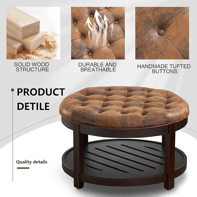 adochr Round Coffee Tables for Living Room,33’’ Storage Ottoman with Wooden Tray, Upholstered Ottoman Footrest, Light Brown