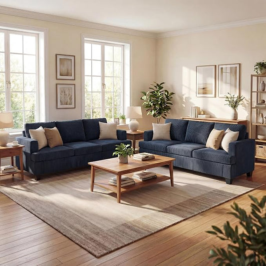 YOUDENOVA 2 Piece Set Comfy Sofa Couch, 3-Seater Sofa * 2 with Deep Seats, Modern Sleeper Couch for Living Room, Blue Corduroy