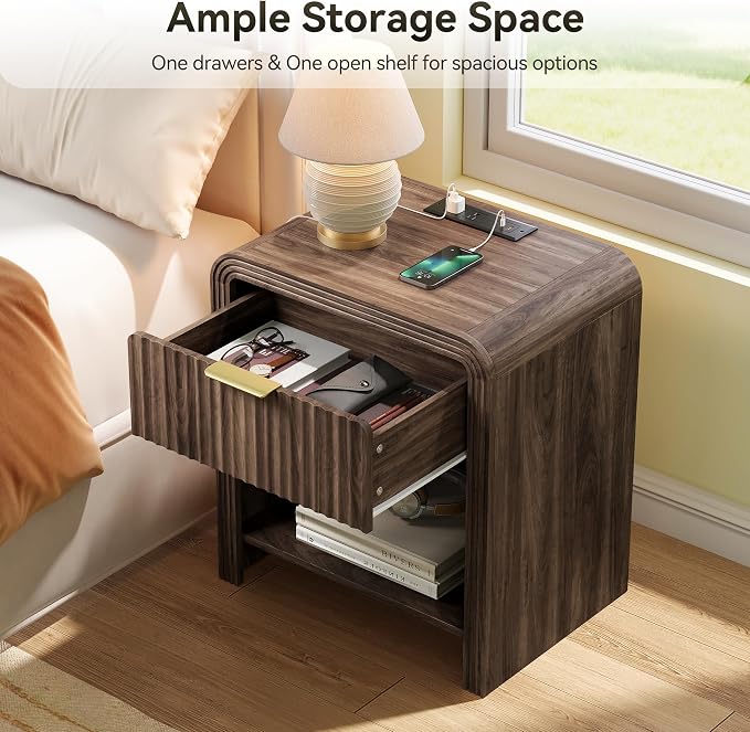 Decofy Fluted Nightstand with Charging Station, Modern Bedroom Side Table with Gold Handles, Curved Profile Design, End Table Wood Organizer for Bedroom, Open Shelf & 1 Drawers (1 Pack, Walnut)