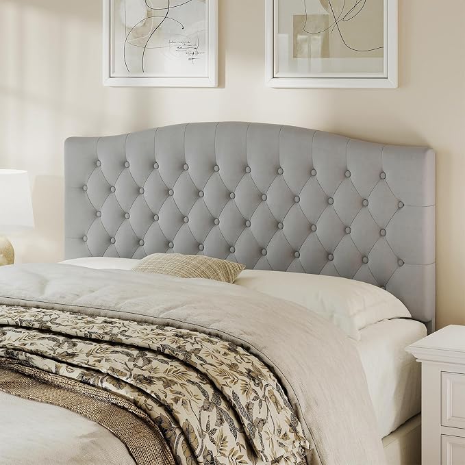 Queen Headboard Only, Velvet Classic Tufted Design, Silver Gray | 2 installation options: 1.bed frame mount 2.wall mount (for adjustable bed), Classic hand-tufted headboard king size